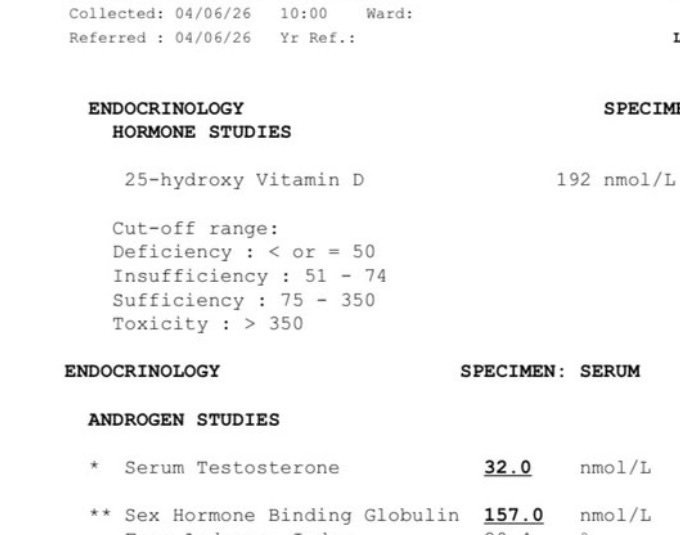 Rekod makmal bertarikh 4 Jun 2026 menunjukkan serum testosterone 32.0 nanomol seliter