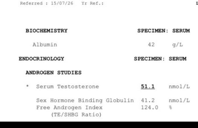 Rekod makmal bertarikh 15 Julai 2026 menunjukkan serum testosterone 51.1 nanomol seliter